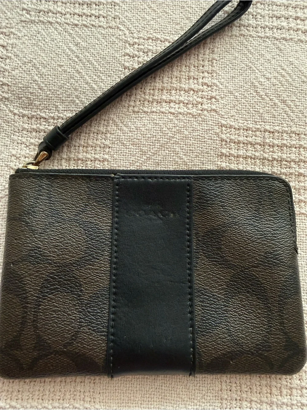 Coach Signature Brown & Black Canvas Leather Trim Wristlet Zip Pouch - Picture 1 of 7